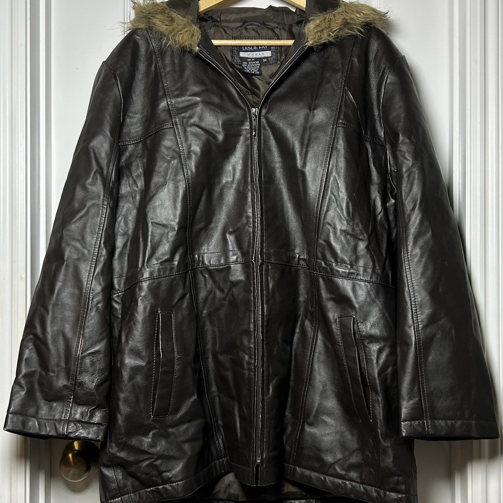 Leslie Fay Genuine Leather Black Faux‎ Fur Hood Full Zip Jacket Motorhead Style
